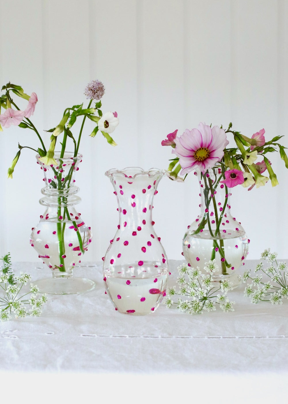 Set of 3 Glass Bud Vases - Hot Pink Dotty