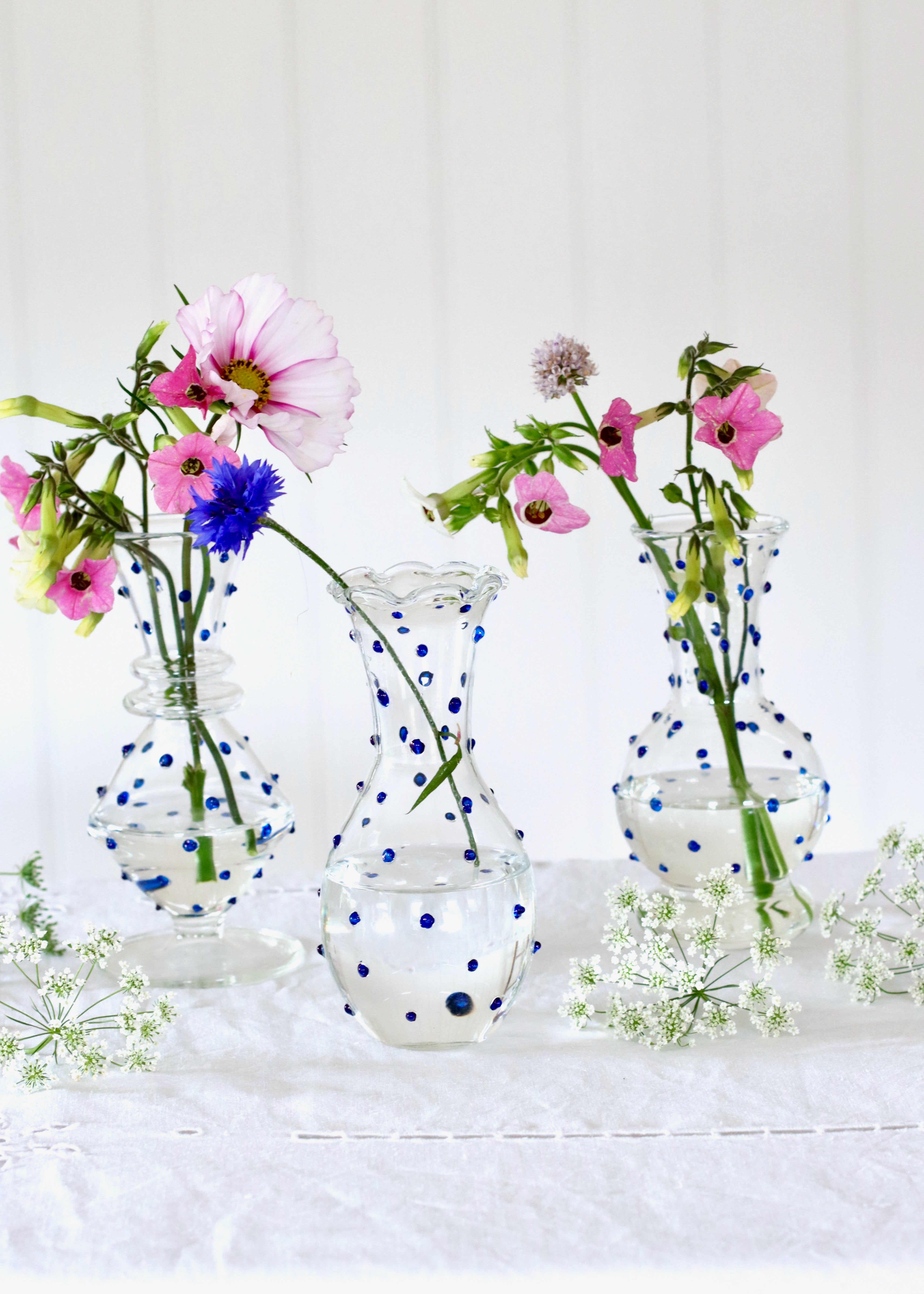 Set of 3 Glass Bud Vases - Blue Dotty