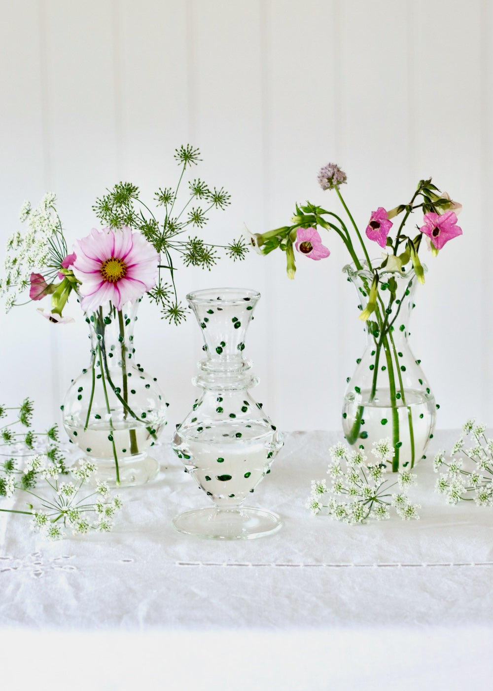 Set of 3 Glass Bud Vases - Deep Green Dotty