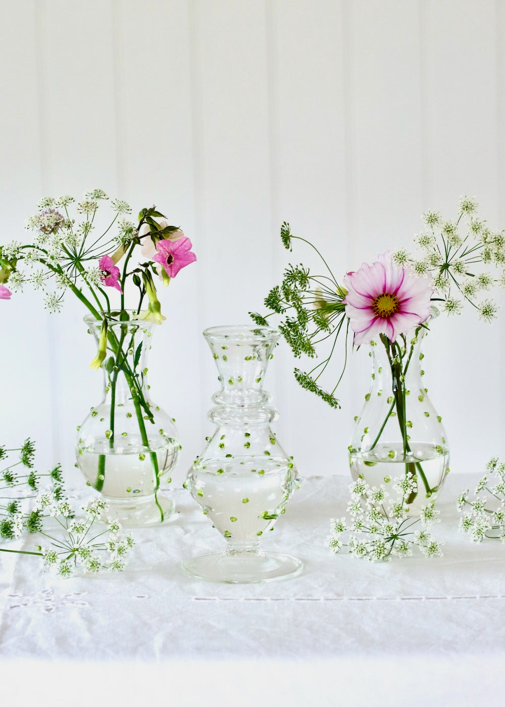 Set of 3 Glass Bud Vases - Lime Green Dotty