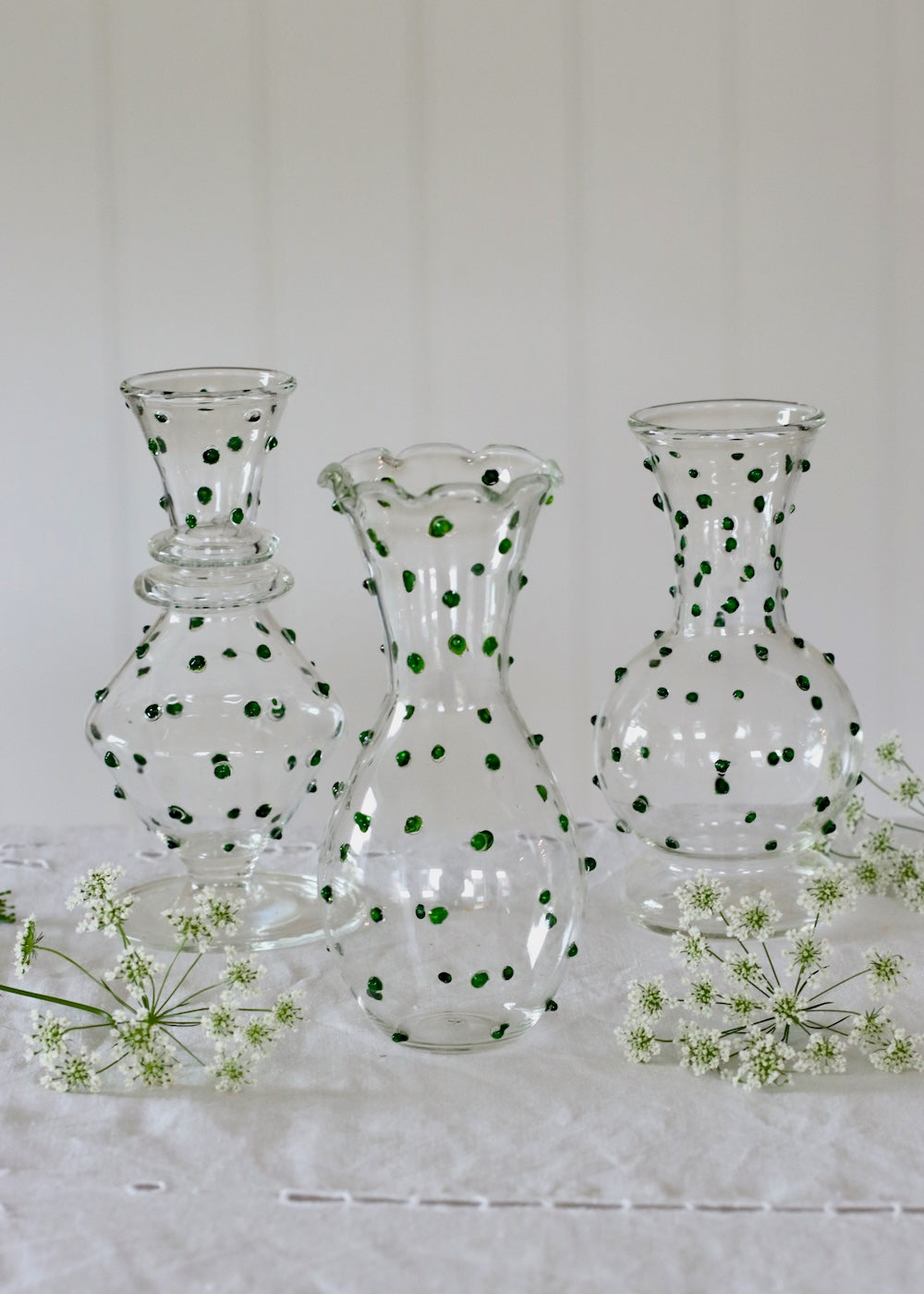 Set of 3 Glass Bud Vases - Deep Green Dotty