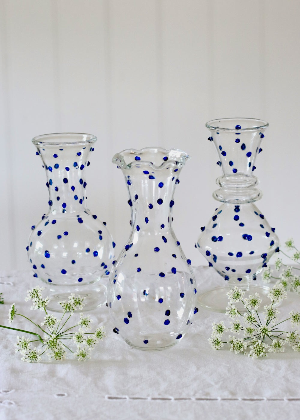 Set of 3 Glass Bud Vases - Blue Dotty