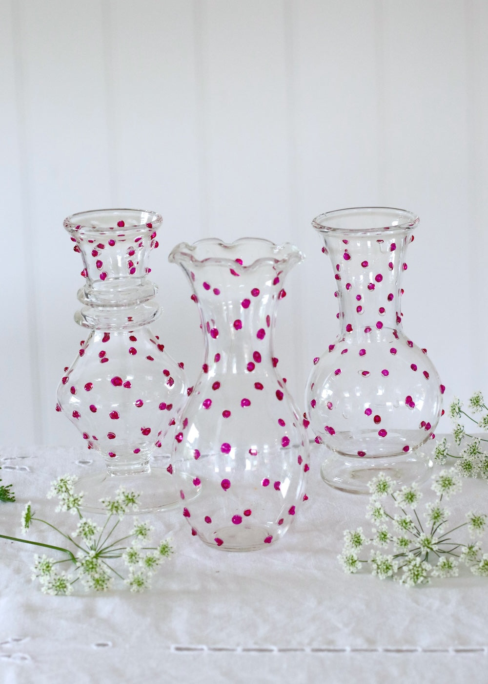 Set of 3 Glass Bud Vases - Hot Pink Dotty