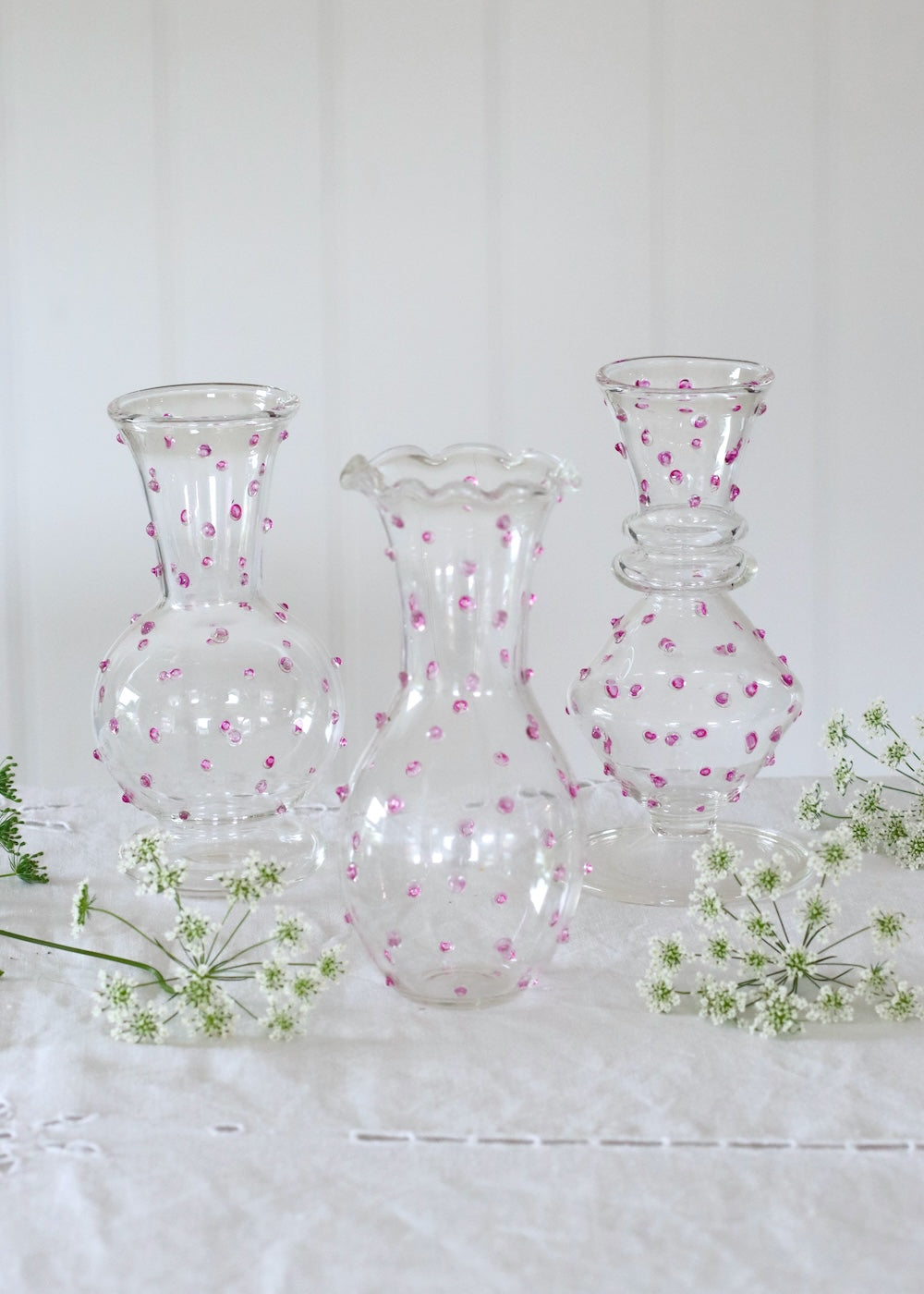 Set of 3 Glass Bud Vases - Pale Pink Dotty