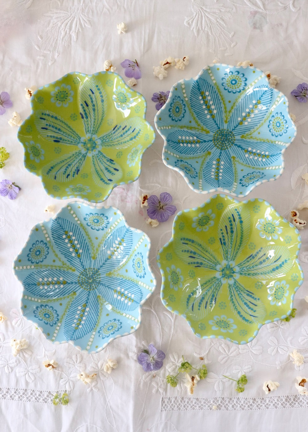 SET OF 4 Pasta Bowls  - Pale Blue and Lime