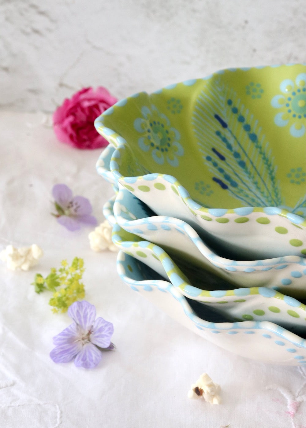 SET OF 4 Pasta Bowls  - Pale Blue and Lime