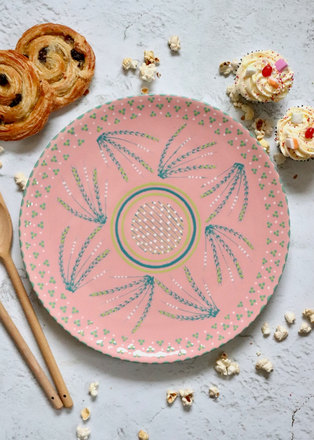 Cake Plate- Pink With Teal Fronds