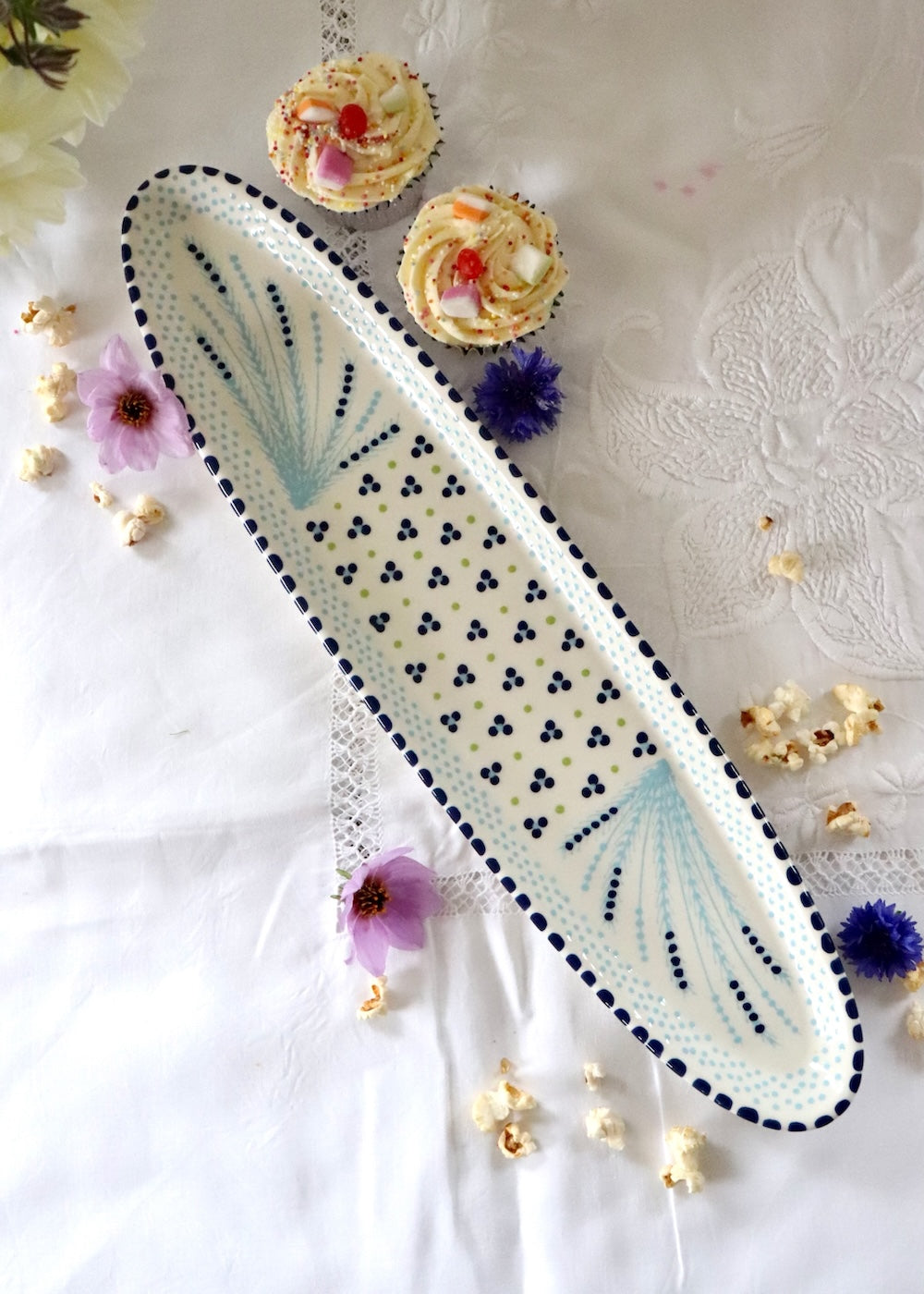 Long Platter - White with Pale Blue Fronds & Dots