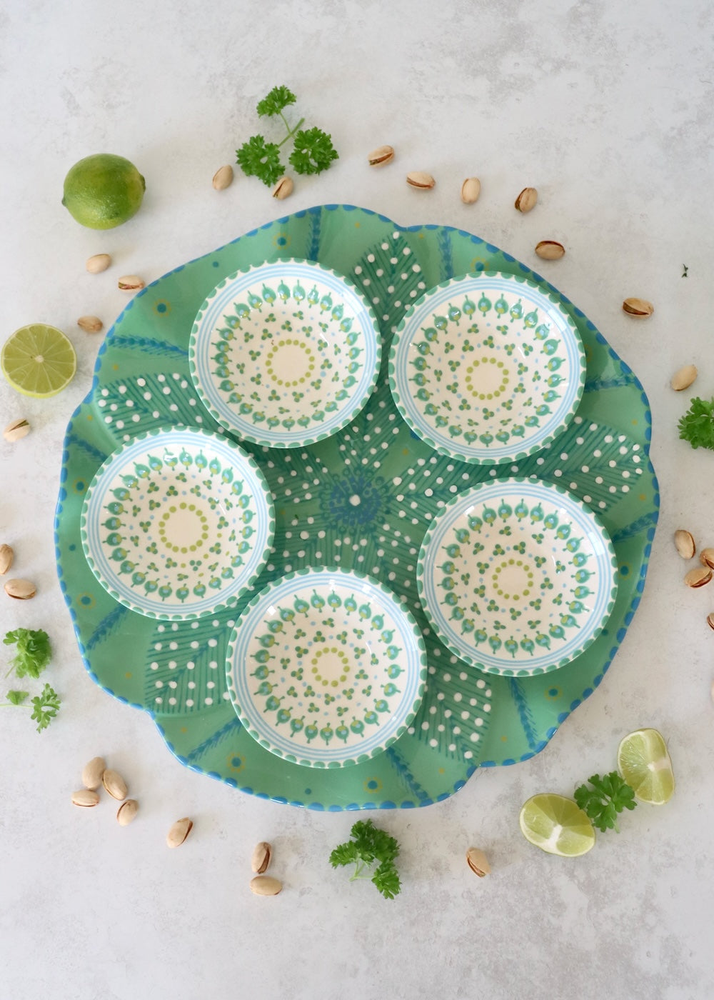 Large Round Platter & Nut Bowls Set Teal