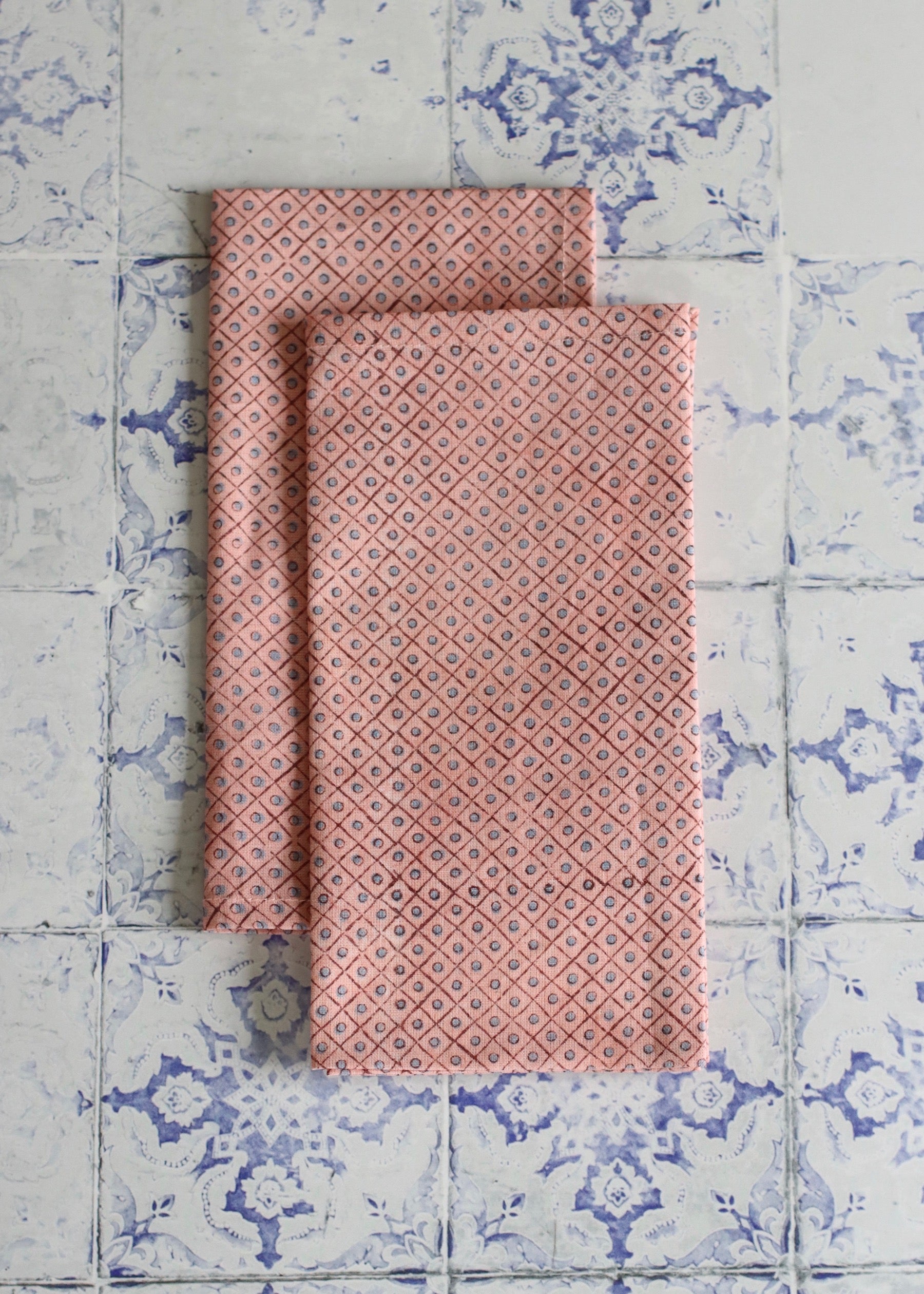 Linen Napkins - Pair of Pink with Blue Dot