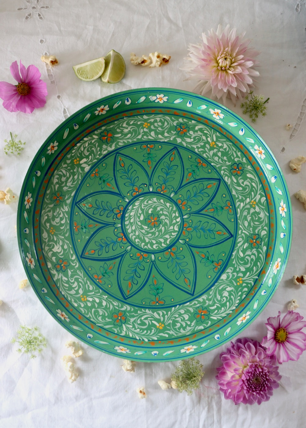 Hand Painted Round Thali Tray: Olive