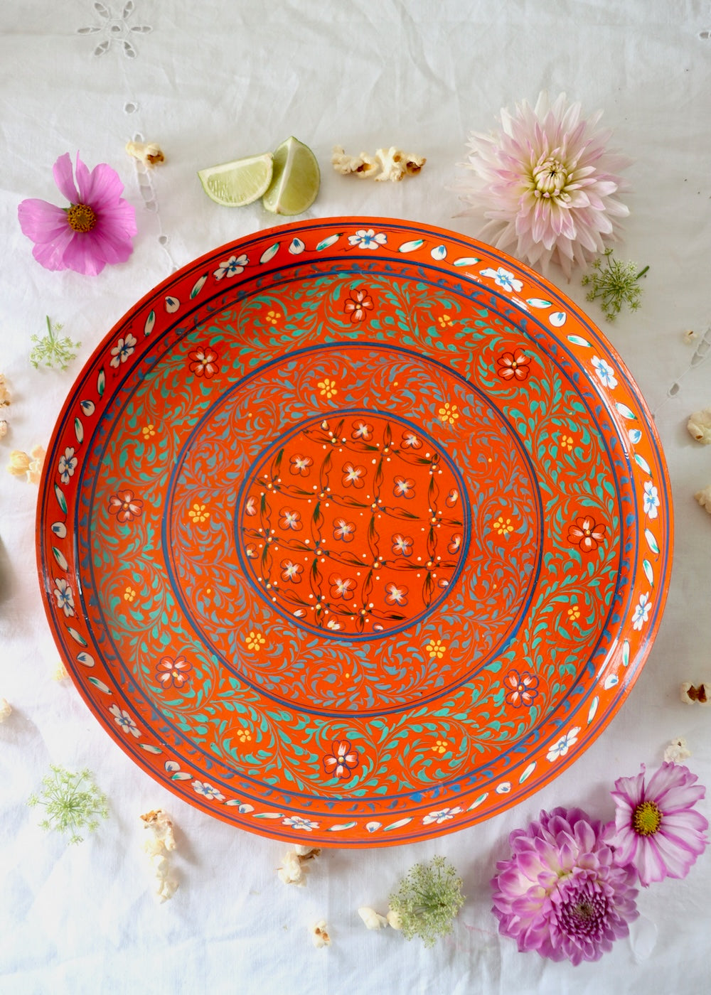 Hand Painted Round Thali Tray: Orange