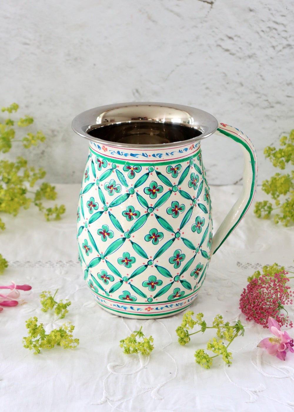 Painted Water Jug - White & Green