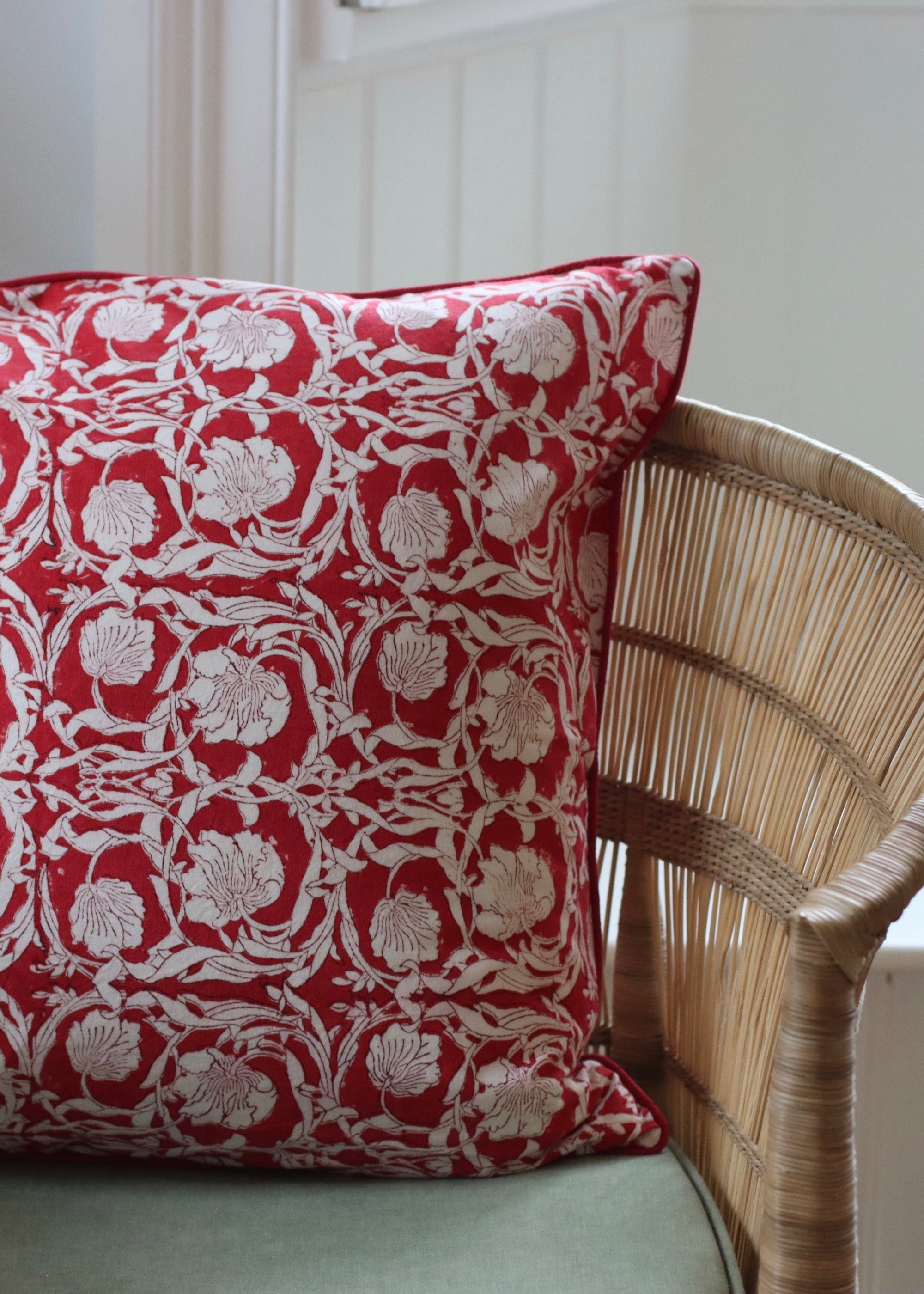 Block Print Cushion Cover Red Flowers