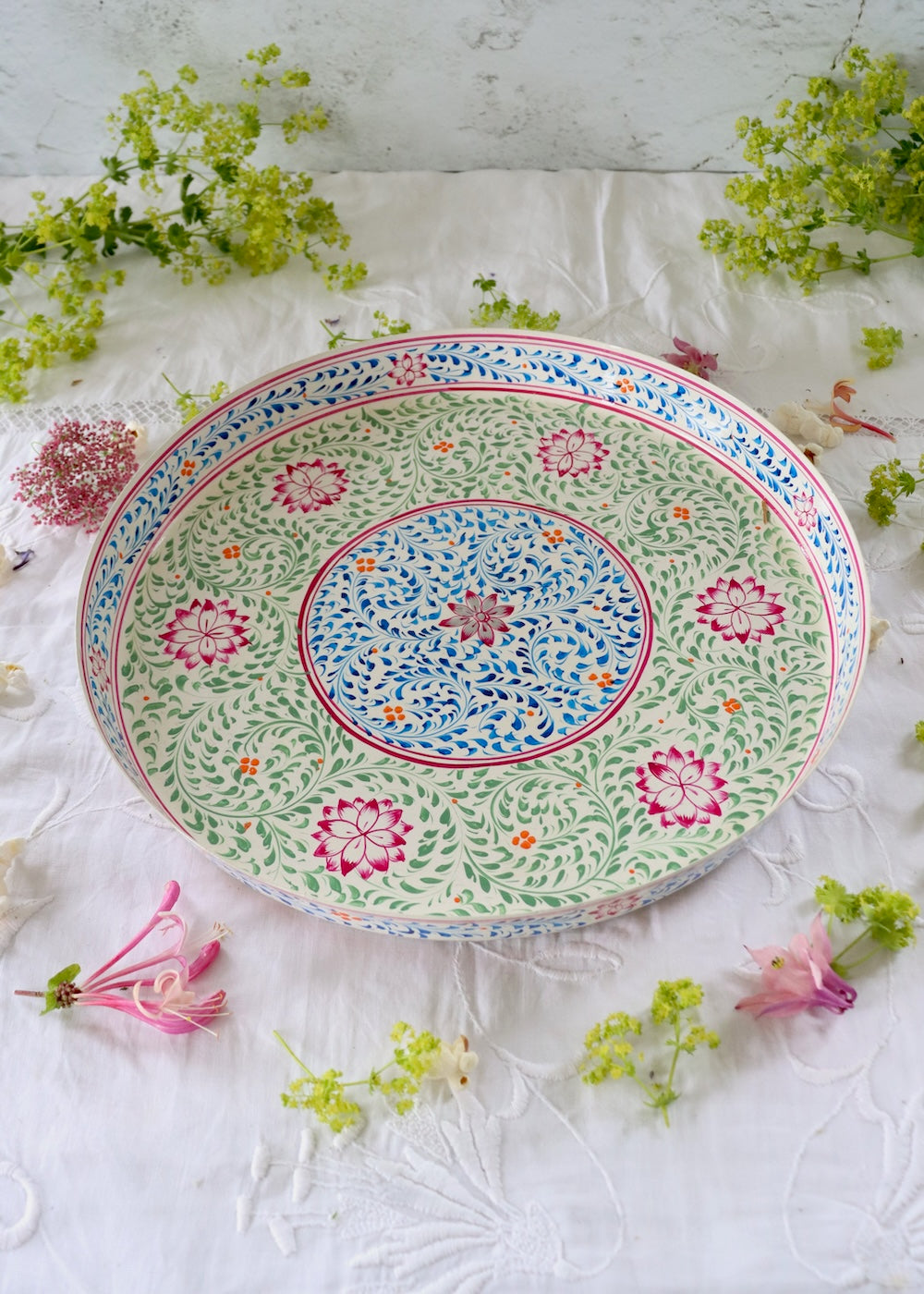 Hand Painted Round Thali Tray: White, Blue & Pink
