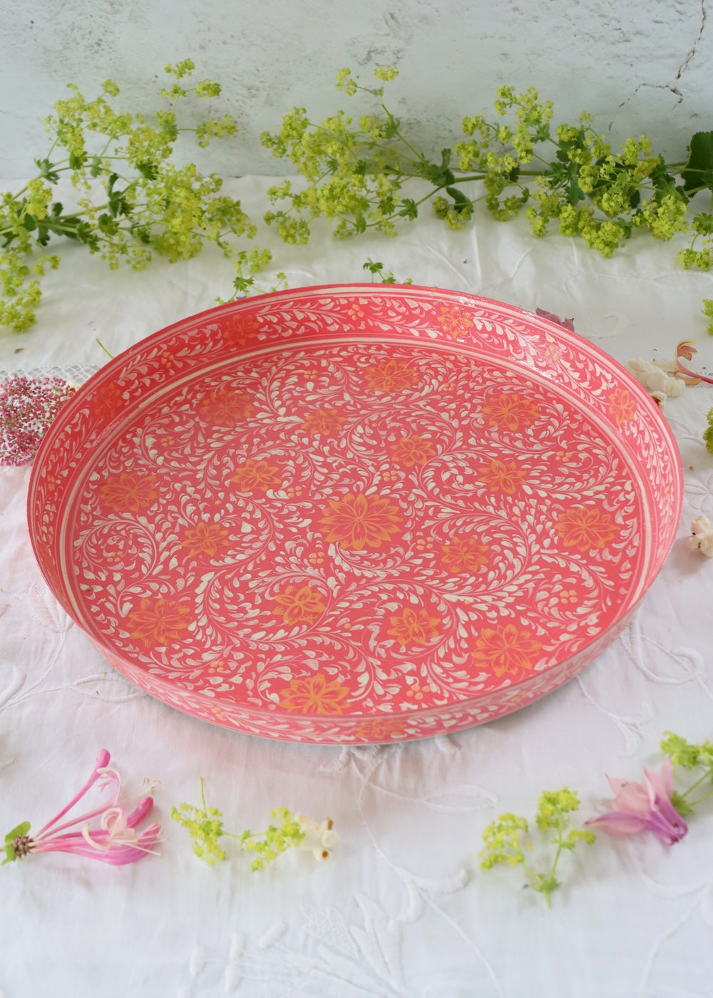 Hand Painted Round Thali Tray: Hot Pink