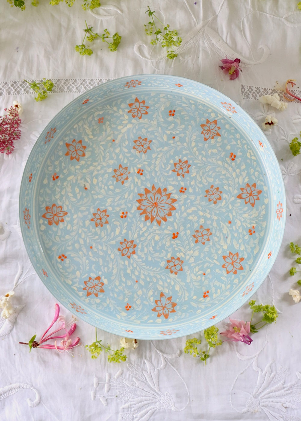 Hand Painted Round Thali Tray: Pale Blue