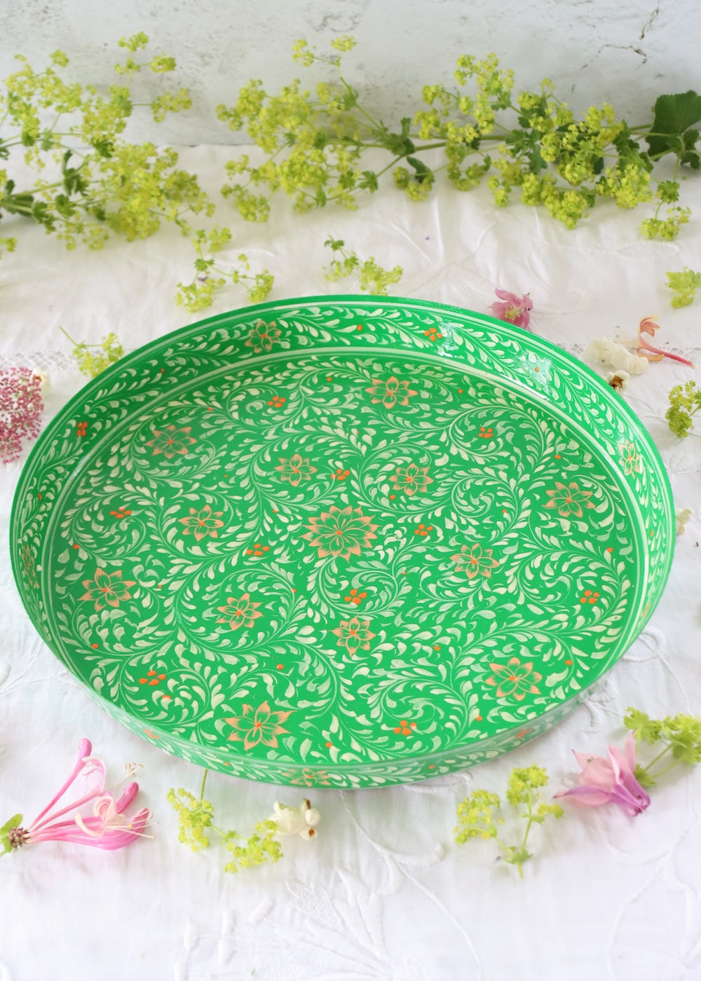 Hand Painted Round Thali Tray: Green